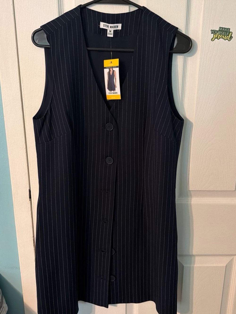 Steve Madden Navy Pinstripe Button-Front Sleeveless Dress